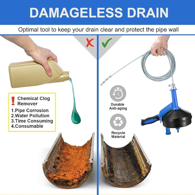 Drain Auger, Clog Remover with Drill Adapter, 25 Feet Flexible Plumbing Snake Use Manually or Powered for Kitchen, Bathroom and Shower Sink, Comes with Gloves (blue)