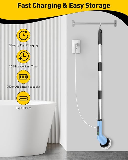 Shower Scrubber with Long Handle, Shower Cleaner Brush with 8 Brush Heads, Cordless Electric Spin Scrubber for Cleaning with 2 Speed, Cleaning Supplies for Bathroom Bathtub Kitchen Floor Tile Toilet