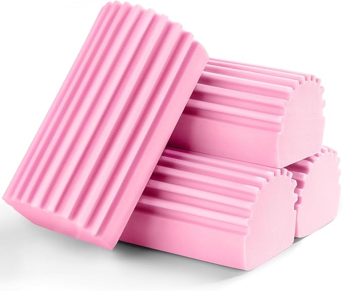 Jeymei Damp Clean Duster Sponge,4Pcs Pink Dust Sponge for Cleaning | Damp Dusting Sponge with Ridges,Baseboard Cleaning Tool,Reusable Wet Duster Sponge,Household Cleaning Sponges for Blinds