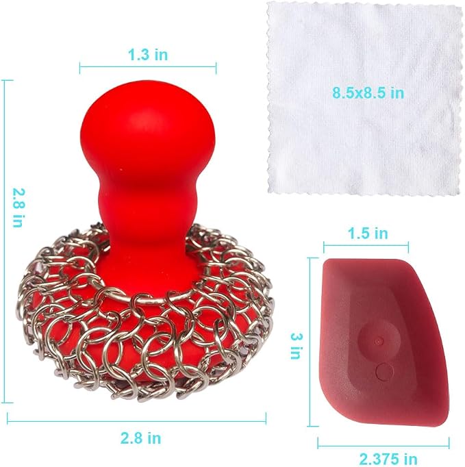 316 Upgraded Chainmail Scrubber with Silicone Handle Cast Iron Cleaner for Cast Iron Grill Pan Skillet Wok Bakeware Ergonomic to Hold Easy to Use Dishwasher Safe, Scrubber + Scraper + Towel (Red)