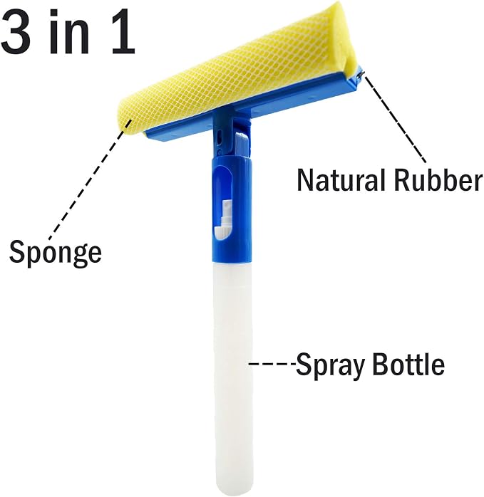 Car Window Cleaner Squeegee with Sponge and Rubber Blade Cleaning Tool Wiper with Spray Bottle 3 in 1 Multipurpose | for Indoor and Outdoor, Home, Car Window, Glass (1 Pack)