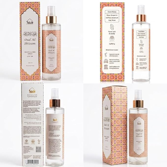 Oud Al Ibtisam Rose Spray by Dukhni | 250ml Arabic Oud Air Freshener | Rose and Oud Spray for Home, Prayer Mats, Bed, Linen, Sofa, Living Room, Curtain, Car | Room Air Freshener, Odour Eliminator