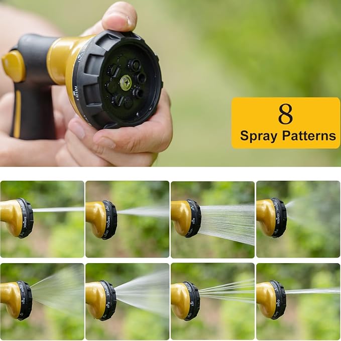 FANHAO Heavy Duty Garden Hose Nozzle, Metal Hose Sprayer Easy Thumb Control | 8 Spray Patterns, Rustproof Water Nozzle, Non-Slip Ergonomic Grip, Elder & Child Friendly for Garden, Car & Pet, Yellow