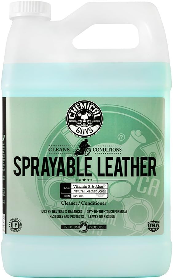 Chemical Guys SPI_103 Sprayable Leather Cleaner and Conditioner in One for Interiors, Apparel, and More (Works on Natural, Synthetic, Pleather, Faux Leather and More) Leather Scent, 128 fl oz (1 Gal) | One-step spray cleans and nourishes leather, vinyl...