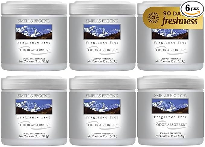 SMELLS BEGONE 15oz Gel Odor Eliminator - Absorb & Remove Tough Odors in Pet Areas, Bathrooms, Basements, Garage, Cars, RVs & Boats - Eliminate Odors Quickly (6-Pack, Fragrance Free)