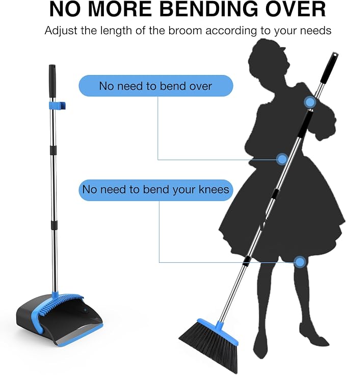 NACENA Broom and Dustpan Set with 52-in Long Adjustable Handle, Black Blue | Broom Dustpan Combo with Dustpan Teeth to Automatically Clean Hair Suitable for Home Kitchen Office Hall Floor