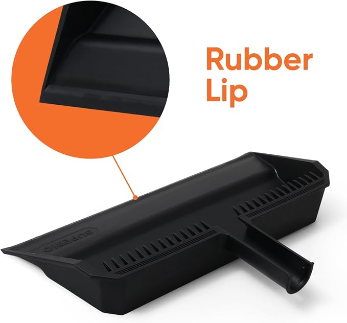 Superio Wide Plastic Dustpan with Comb - 16" Wide, Rubber Lip, Broom Handle Clip, Black