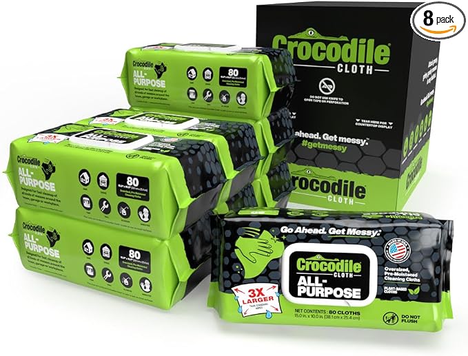 Crocodile Cloth All-Purpose Cleaning Wipes – 8 Pack/640 Total Count, 15"x10" Extra Large Plant-Based Disposable Cloths – Moist, Absorbent, Safe on Skin, Multi-Surface Use