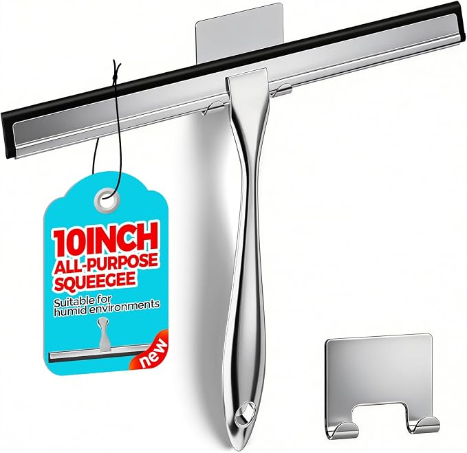 ALFLOD Shower Squeegee for Glass Doors, Tile Walls, Mirrors and Windshields | 10" silver, bathroom accessories, window cleaner, new home essentials, silicone blade, metal handle, adhesive hook