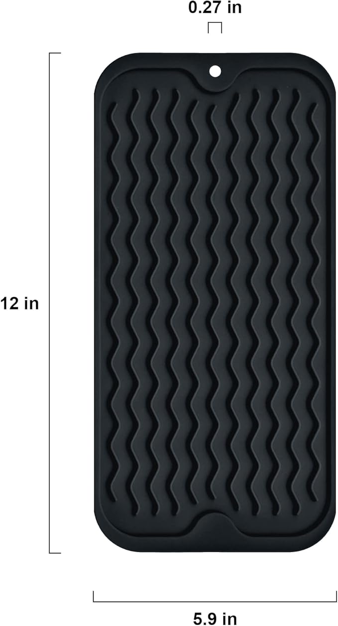 Silicone Dish Drying Mat, Non-Slip Easy Clean Sink Mat Large Heat-resistant Dish Drainer Mat for Kitchen Counter, Sink, Refrigerator or Drawer liner (12" x 6", BLACK)