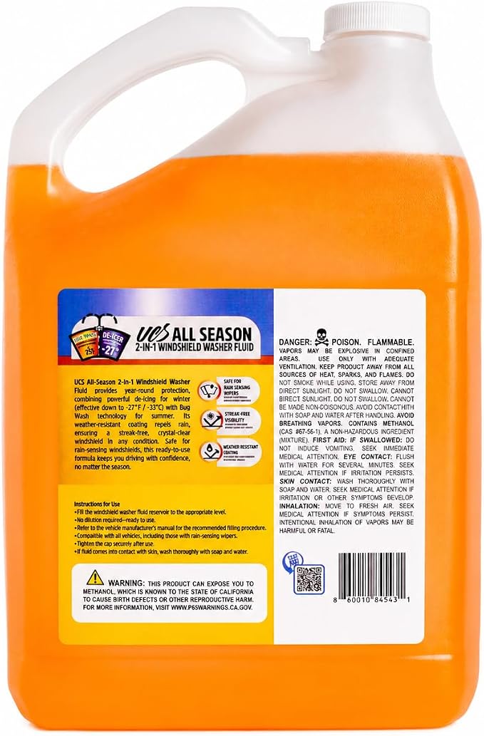UCS Advanced All-Season Windshield Washer Fluid -27°F, Water Repellent Technology, Powerful Bug Remover, Streak-Free Cleaning, Ready-to-Use RTU, 1 Gallon