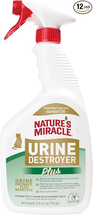 Nature’s Miracle Urine Destroyer Plus Cat,32 Ounces,Unscented,Enzymatic Formula,Ready-to-Use,(Pack of 12)