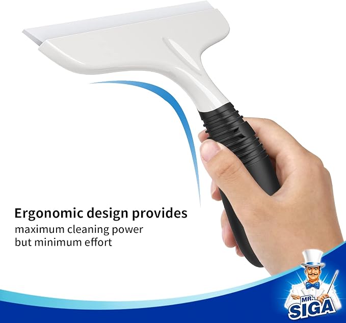 MR.SIGA Silicone Squeegee for Shower Doors, 25 cm/10 inch, White & Black | Shower squeegee for glass doors, streak free squeegee for windows, showers and glass surfaces, includes suction hook