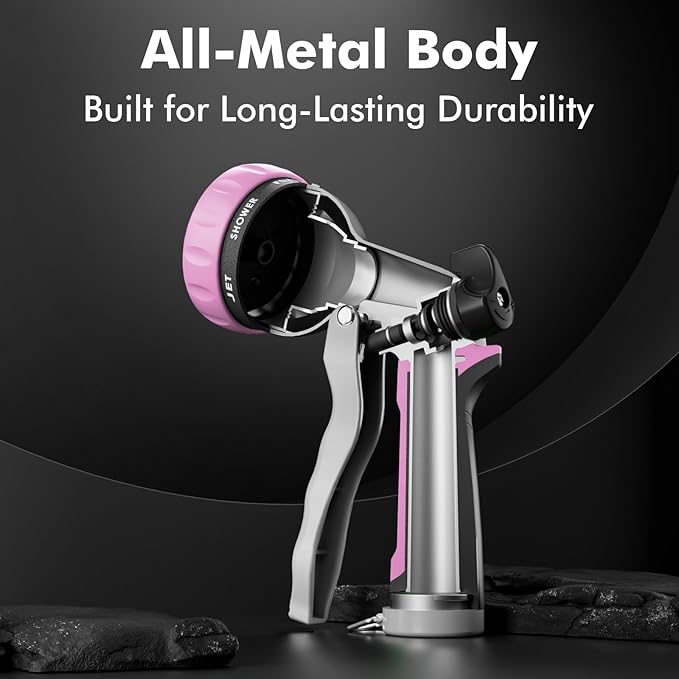 RESTMO Garden Hose Nozzle, Heavy Duty Metal Water Hose Nozzle with 7 Adjustable Spray Patterns, High Pressure Hand Sprayer with Flow Control, Best for Watering Plant & Lawn, Washing Car & Pet, Pink