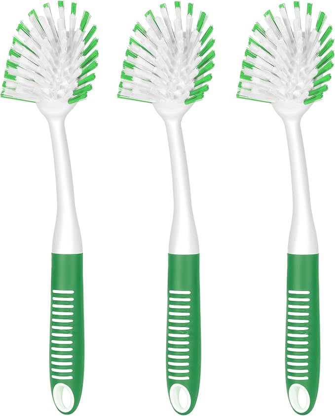 SetSail Dish Brush with Handle, 3 Pack Stiff Bristles Dish Scrubber with Built-in Scraper Dish Scrub Brushes for Cleaning Dishes, Pots and Pans, Kitchen Sink, Green