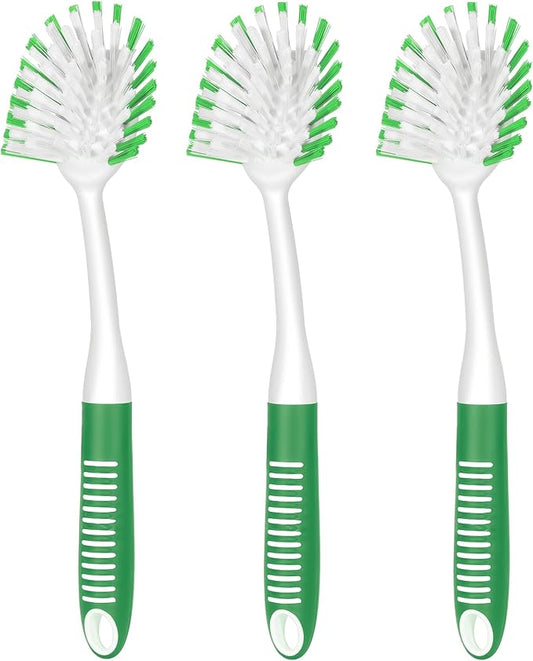 SetSail Dish Brush with Handle, 3 Pack Stiff Bristles Dish Scrubber with Built-in Scraper Dish Scrub Brushes for Cleaning Dishes, Pots and Pans, Kitchen Sink, Green