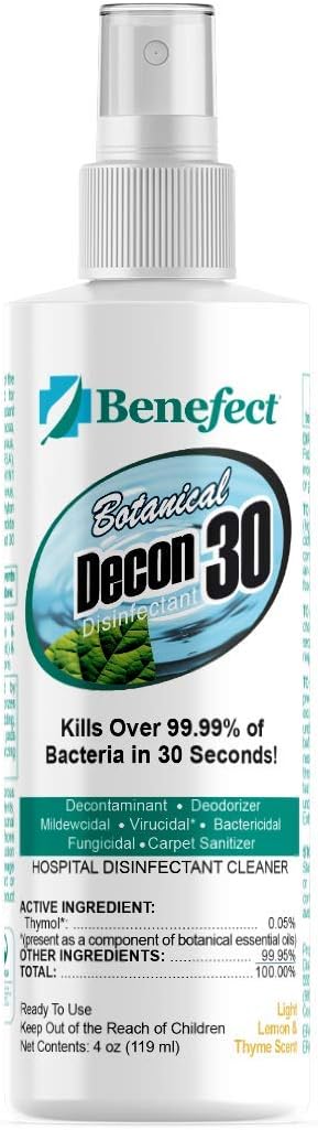 Benefect Botanical Decon 30 Disinfectant Cleaner, 4 oz. Spray Bottle, Light Lemon & Thyme Scent, Professional Botanical Cleaner, Kills Over 99.99% of Germs, Safe for Food-Contact Surfaces (Pack of 4)