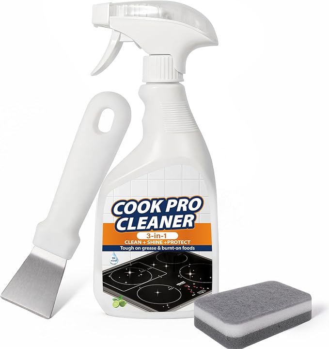 3-in-1 Stove Top and Oven Cleaner Kit - Glass Cooktop Cleaner for Ceramic Electric Gas & Induction Stoves - Includes Heavy Duty Scraper and Double-Sided Sponges for Burnt-on Grease, Oil & Grime
