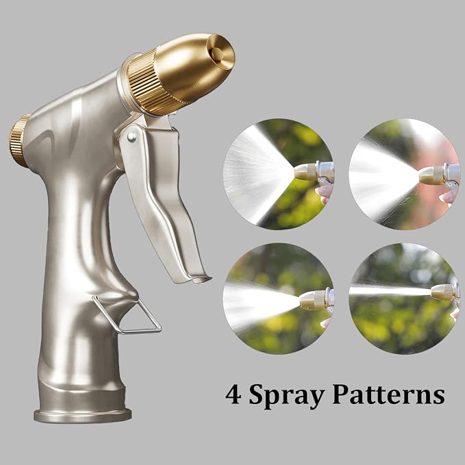 100% Metal Heavy Duty Garden Hose Nozzle with Brass Nozzle with 4 Patterns | Fits 3/4” Garden Hose Thread for Plants, Lawns, Cars, Patio, Car, Window