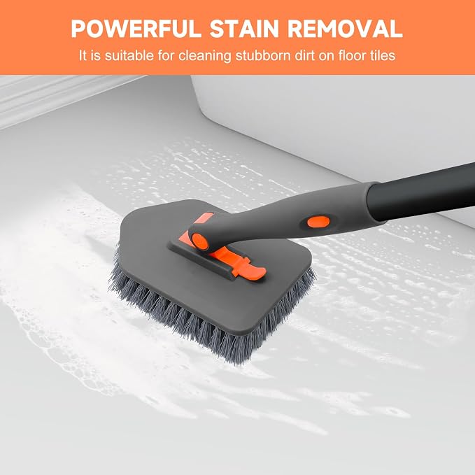 nacena Shower Scrubber with Long Handle, 3 in 1 Tile Tub Scrubber Brush with 3 Detachable Cleaning Heads Adjustable Handle Shower Cleaner Brush for Bathroom, Kitchen, Toilet, Wall, Sink, Grey Orange