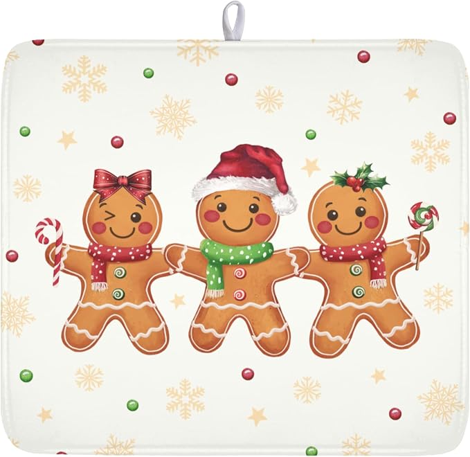 Christmas Gingerbread Man Dish Drying Mat for Kitchen Counter Xmas Gold Snowflake Dish Drainer Mat Rustic Farmhouse Winter Holiday Absorbent Washable Drying Pad 16"x18"