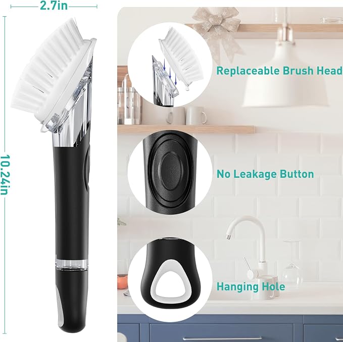 2 Pack Soap Dispensing Dish Brush, Dish Scrub Brush with Soap Dispenser, Dish Soap Brush for Dishes, Pans, Sink, Pots | Dish Soap Brush, Built-in Soap Dispense, Built-in Scraper, Replaceable Dish Head