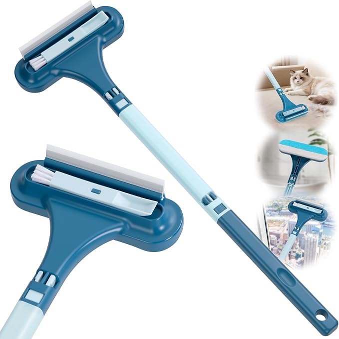 3-in-1 Screen Brush, Squeegee, Pet Hair & Crevice Tool, Cyan Blue | Wipes glass streak-free. Lifts hair from sofas & rugs, rinse & reuse, no refills. Detach for window tracks. Lightweight.