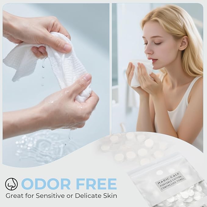 Classycoo Compressed Towel 100 PCS Mini Tablets Disposable Portable Face Towel Cotton Coin Tissue for Travel, Camping, Hiking, Sport, Beauty Salon, Home Hand Wipes and Other Outdoor Activities (White)