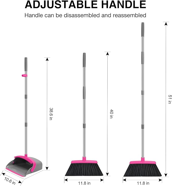 NACENA Broom and Dustpan Set with 52-in Long Adjustable Handle, Grey Rose | Broom Dustpan Combo with Dustpan Teeth to Automatically Clean Hair Suitable for Home Kitchen Office Hall Floor