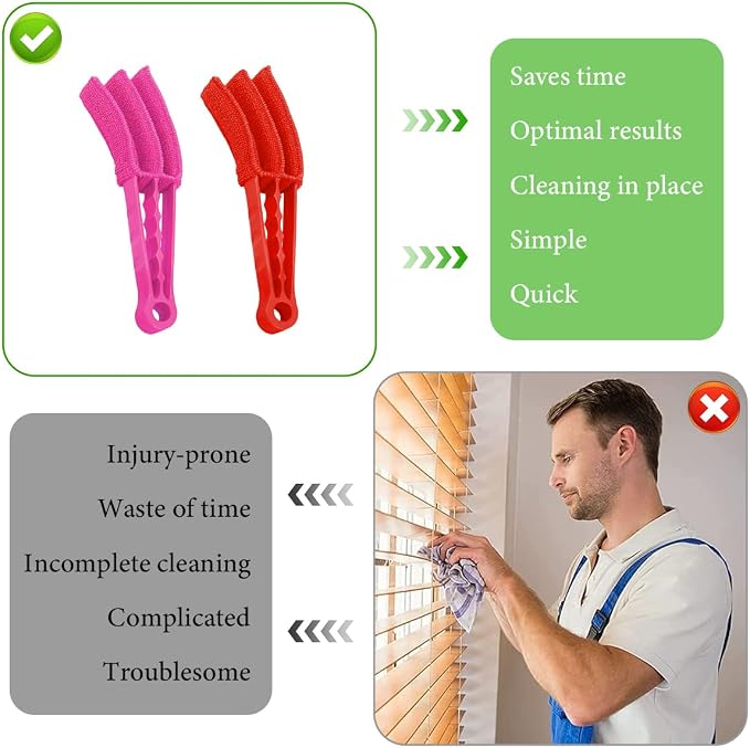 DXNQ 2 PCS Blind Cleaner Duster Tool, Window Venetian Hand-held 3 Arm Dusting Cleaner Brush, Blinds Cleaning Brush Tool for Window Shutters Air Conditioner, Car Accessories (Red+Pink)