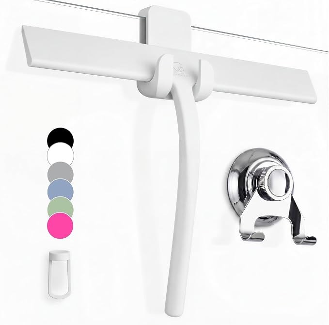 GÜTEWERK Silicone Shower Squeegee for Glass Doors & Mirrors with Stainless Steel Core, Streak-Free & No-Squeak Window Cleaning, 3-in-1 No-Drill Mount (Hook/Suction/Adhesive),White, 11 Inches