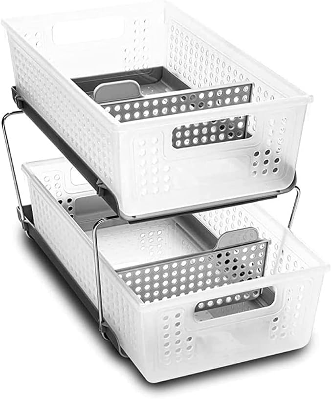 madesmart 2 Tier Bath Organizer, Undersink Storage with Sliding Drawers, for Cleaning Supplies, Pantry, Sponges, Bottles & Kitchen Essentials, Adjustable Dividers & Pull Out Sliding Baskets, Frost
