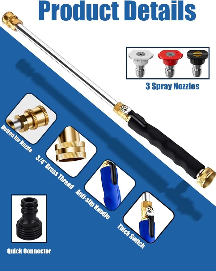Jet Nozzle High Pressure Hose Nozzle, 18” Hydro Water Hose Nozzle | for Garden Hose with 3 Nozzles & Hose Quick Connectors, Power Washer Wand for Cleaning Patio, Car, Window, Black