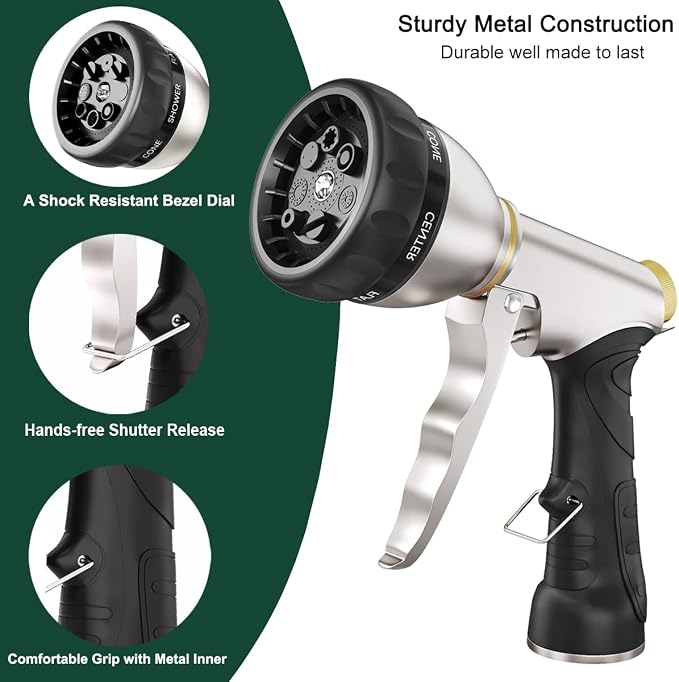 FANHAO Garden Hose Nozzle Heavy Duty, Metal Water Hose Sprayer, Leakproof | 7 Adjustable Spray Patterns, Rustproof Zinc Alloy, Hands-Free Lock, Ergonomic Grip Water Nozzle for Lawn, Plant, Car & Pet