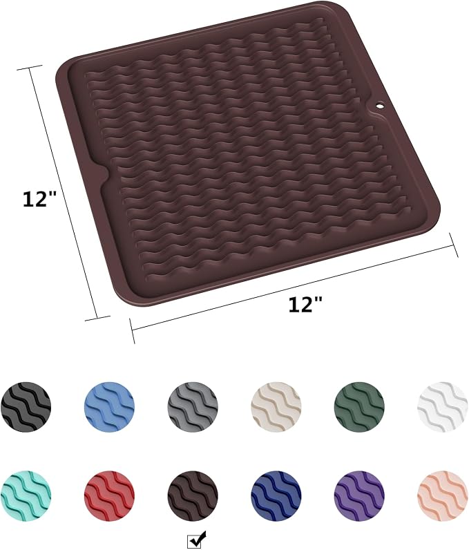 ZLR 4-in-1 Silicone Mat 12" x 12" / 305 x 306mm Square - Dish Drying Mat, Air Fryer Mat, Coffee Maker Pad & Heat Resistant Trivet (up to 450°F) - Non-Slip Food-Grade BPA-Free (Coffee)