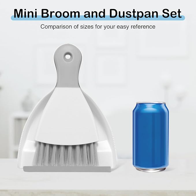 NACENA Mini Dustpan and Brush Set 2 Pack, Small Broom and Dustpan Set Dust Pan and Mini Hand Broom Dustpan and Broom Combo Compact for Home Table Keyboards Sofa Kitchen, White & Gray
