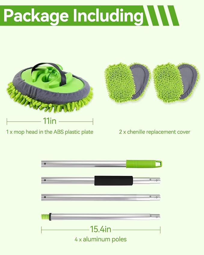 62’’ Car Wash Brush Kit with 2 Replacement Head Covers, Microfiber Car Washing Kit with Long Handle, Car Wash Mop for Cars RV Truck Exterior