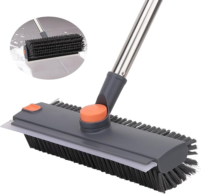 Floor Scrub Brush with 64" Long Handle - 360° Swivel Heads Household Push Brush with Squeegee and Right Angled Bristle for Cleaning Concrete Floors Grout Gardens Patio Deck Concrete Garage Heavy Duty