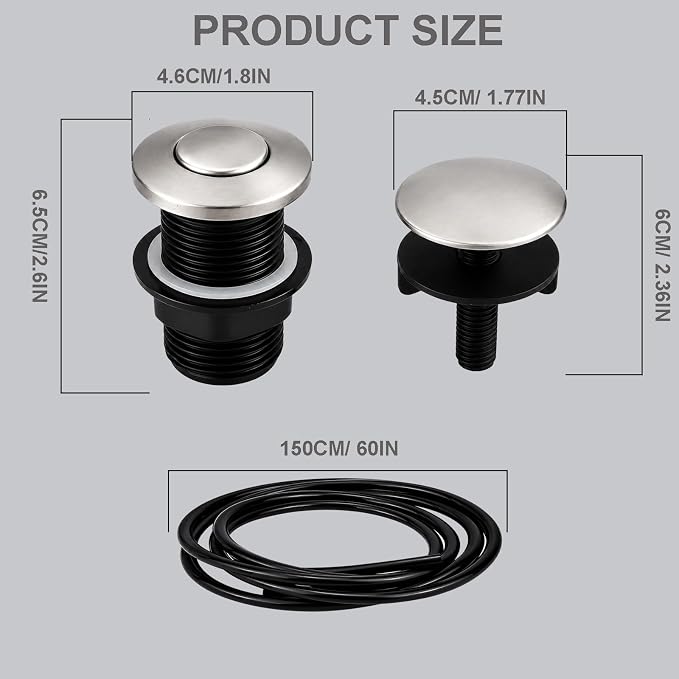 Garbage Disposal Air Switch Button Kit with 5ft Air Hose & Sink Hole Cover, Sink Top Push Button Replacement, Stainless Steel Waterproof Air Activated Switch for Kitchen Disposal, Universal Fit