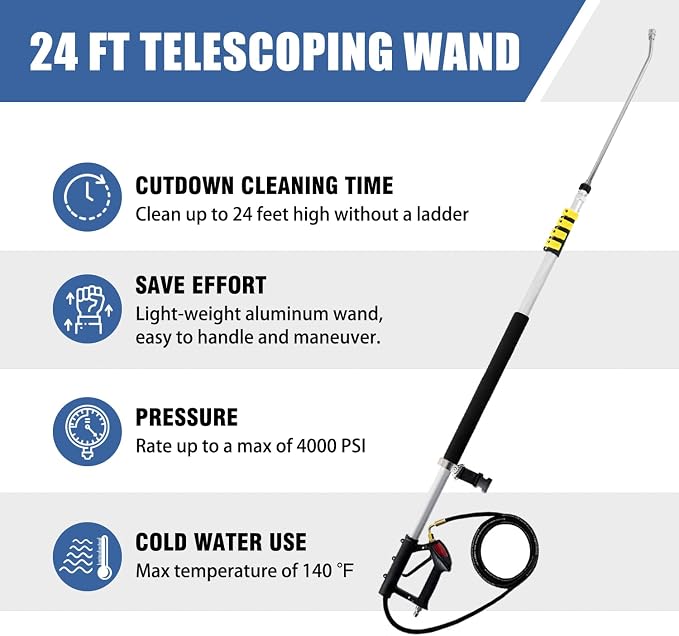 JANZ 24 FT Pressure Washer Telescoping Wand with 3 Extension Wands | Gutter Cleaner Attachment, 7 Spray Nozzle Tips, 2 Hose Inlet Adapters, Pivoting Coupler and Support Harness