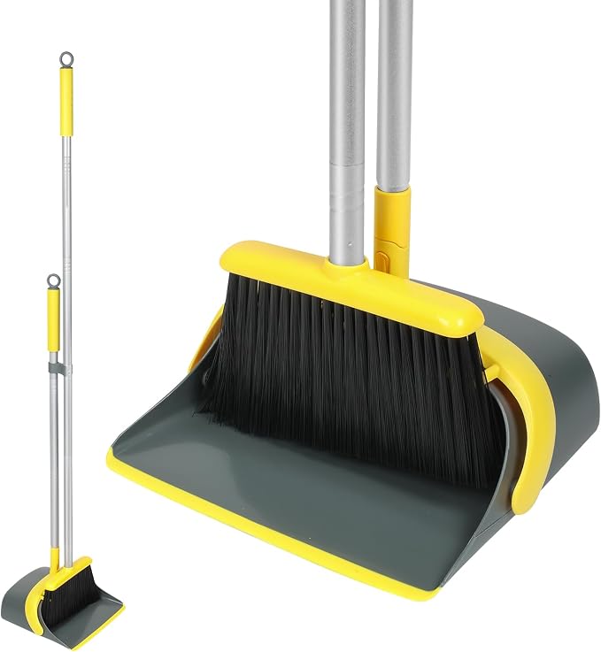 Broom and Dustpan Set with 54 Inch Long Handle - Perfect Dust Pan and Brush Combo for Home Efficient Cleaning (Yellow and Grey)