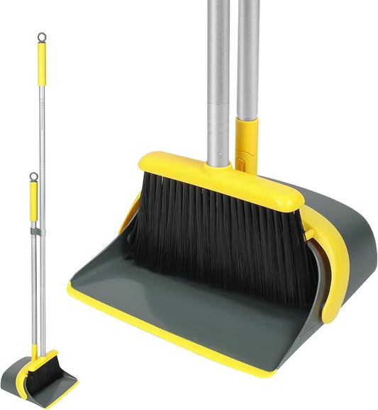 Broom and Dustpan Set with 54 Inch Long Handle - Perfect Dust Pan and Brush Combo for Home Efficient Cleaning (Yellow and Grey)