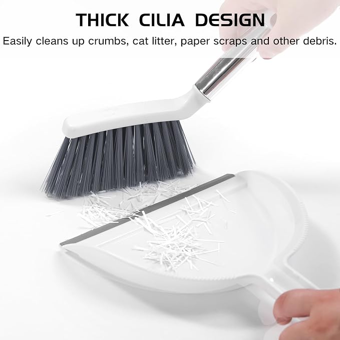 NACENA Mini Broom and Dustpan Set, Small Dust Pan and Brush Set, White&Gray | Dust Pan and Brush Set with Handle Dustpan Teeth for Cleaning Hair Suitable for Office Desks Drawers Sofas Outdoor Camping