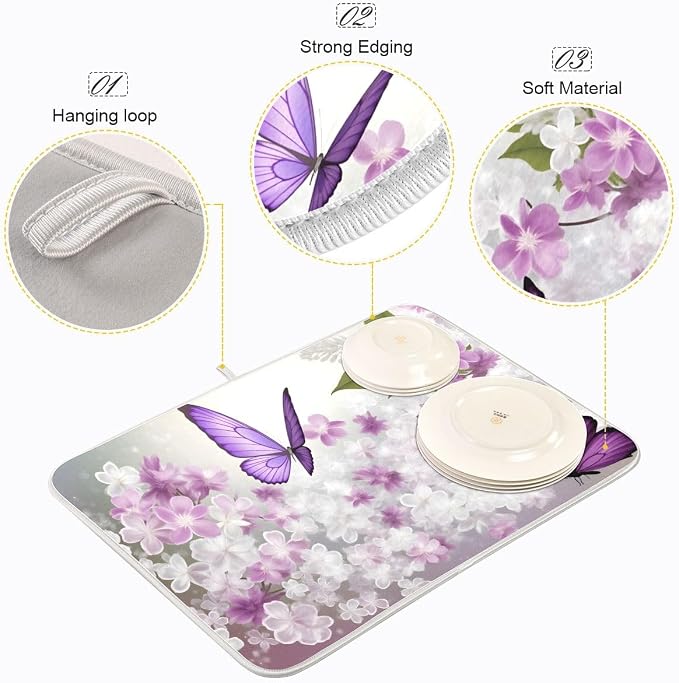 Butterflies Flowers Purple Dish Drying Mat for Kitchen, Absorbent Microfiber Drying Pad Dish Mat, 16" X 18"