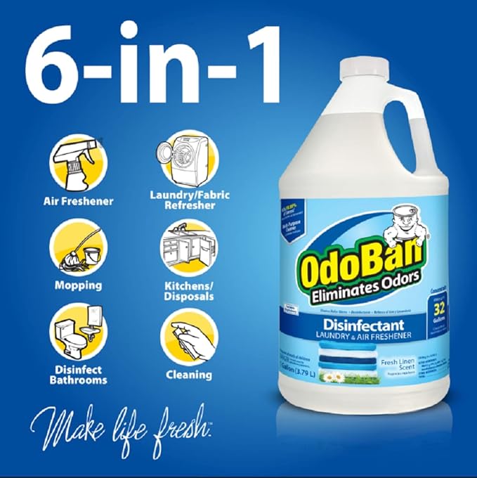OdoBan Ready-to-Use Disinfectant and Harsh Aroma Eliminator, Set of 2, 14.6 Ounce 360-Degree Continuous Spray Fabric/Air Freshener and 1 Gallon Multi-Purpose Cleaning Concentrate, Fresh Linen Scent