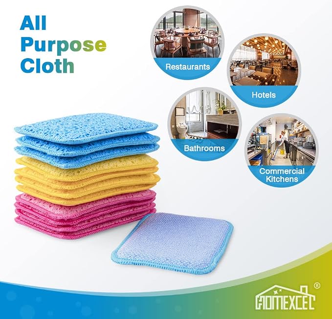 12 Pack Scrub & Wipe Cloths, Dual-Sided Sponges for Kitchen, All-Purpose Cloth for Dishes, Pots, Pans, Non-Stick Cookware, Countertops (Red, Yellow, Blue)