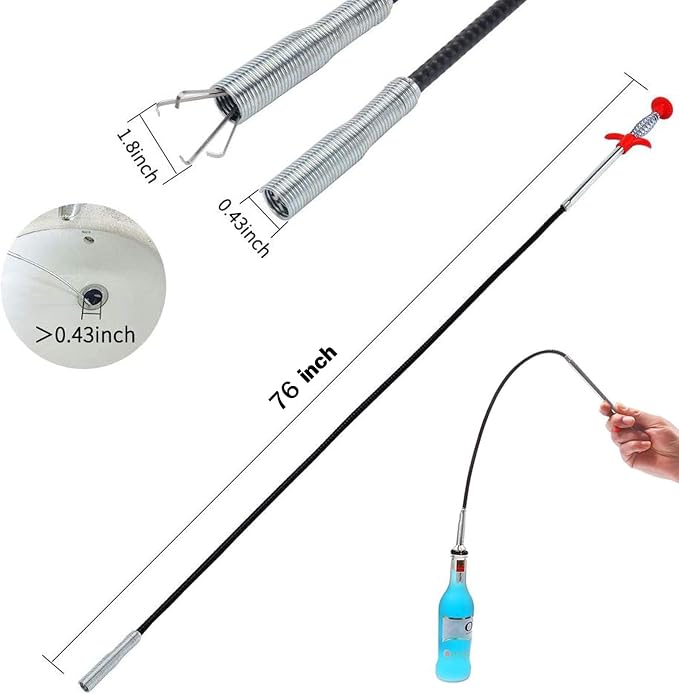 76 Inch Drain Snake Hair Clog Remover with Round Knob, 4-Claw Grabber Tool | Reusable and easy to rinse clean; flexible for curved pipes and hard-to-reach clogs in sinks, tubs, showers and downspouts