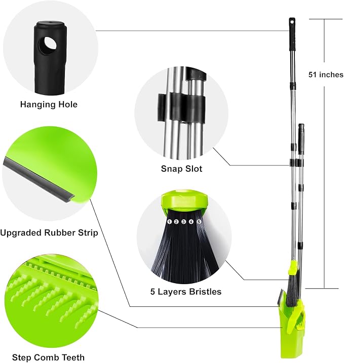 Broom and Dustpan Set for Home, 51" Long Handle Standing Pan Light Green | Self-Cleaning Dust Pan and Brooms, ZeroGap Lip, Upright Storage Broom Combo for Kitchen Lobby Office Restaurant Indoor