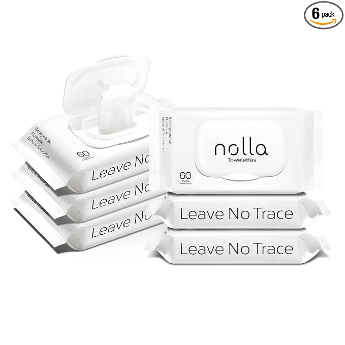Nolla Flushable Wipes, 100% Plant-Based, Plastic-Free and Biodegradable - For Adults and Kids - Unscented + Soothing Aloe and Vitamin E 360 Count (6 Packs of 60)