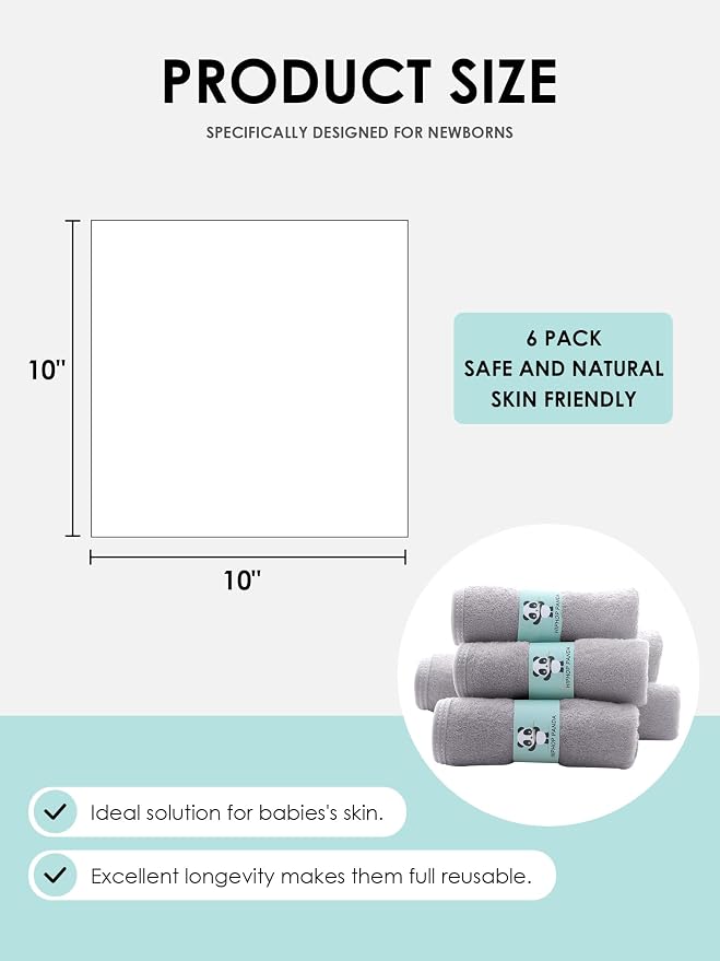 HIPHOP PANDA Baby Washcloths, Rayon Made from Bamboo - 2 Layer Ultra Soft Absorbent Newborn Bath Face Towel - Reusable Baby Wipes for Delicate Skin - Grey, 6 Pack
